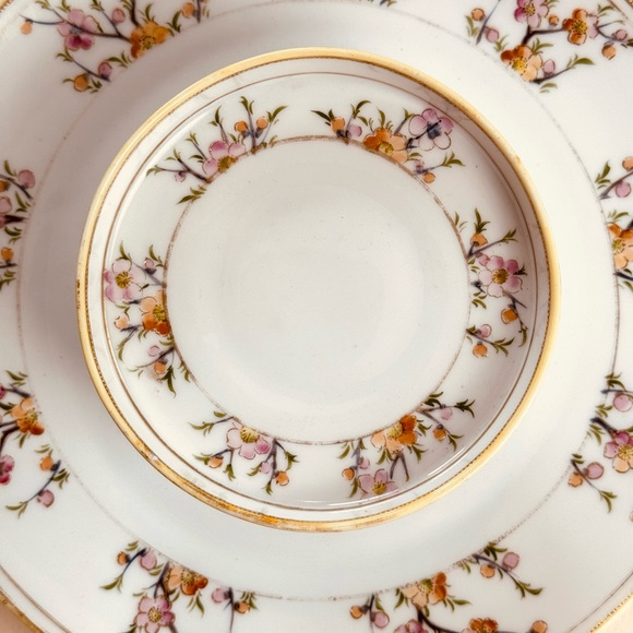 Vintage Hand Painted Nippon Tiered Serving Tray Tidbit Tray Gold Pink Flowers - Picture 3 of 12